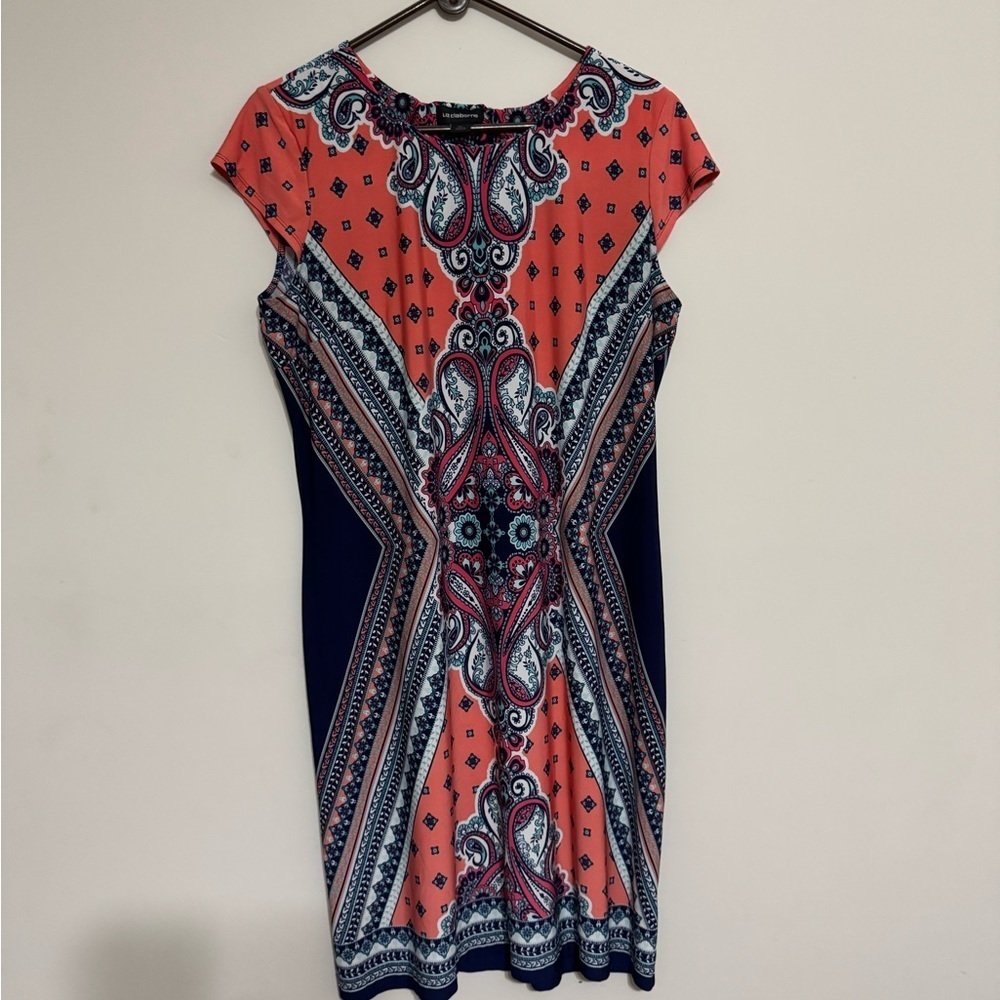 💜 💜Liz Claiborne Coral and Navy Patterned Dress - Picture 4 of 6